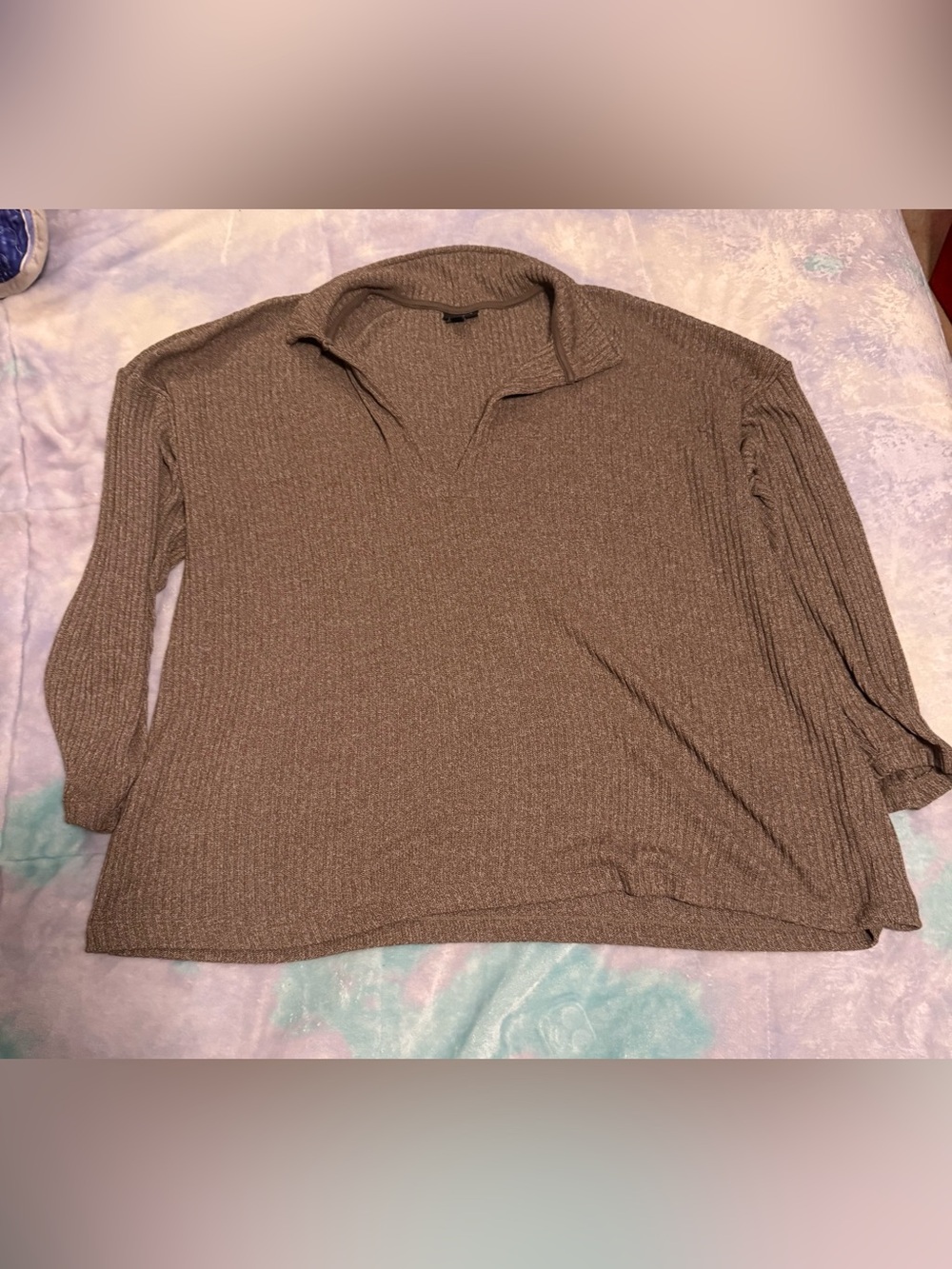 torrid Taupe Ribbed V-Neck Fold-Over Collar Sweater